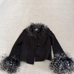 Vintage Black Jacket with Feather Trim